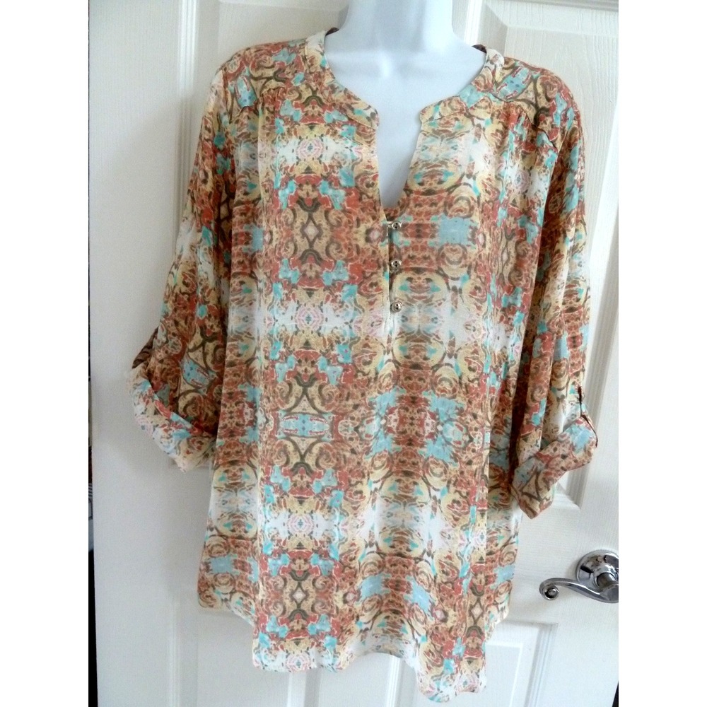 NEW CORAL BAY Sz XL 16/18 Roll-Tab Sleeve 1/4 Button Blouse Abstract Lightweight